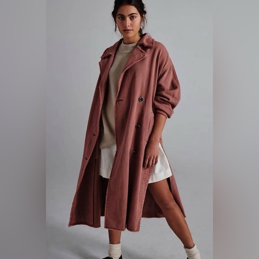 NWOT- Free People "Kelly" Freyed Edging Belted Trench Coat -Size XS/S